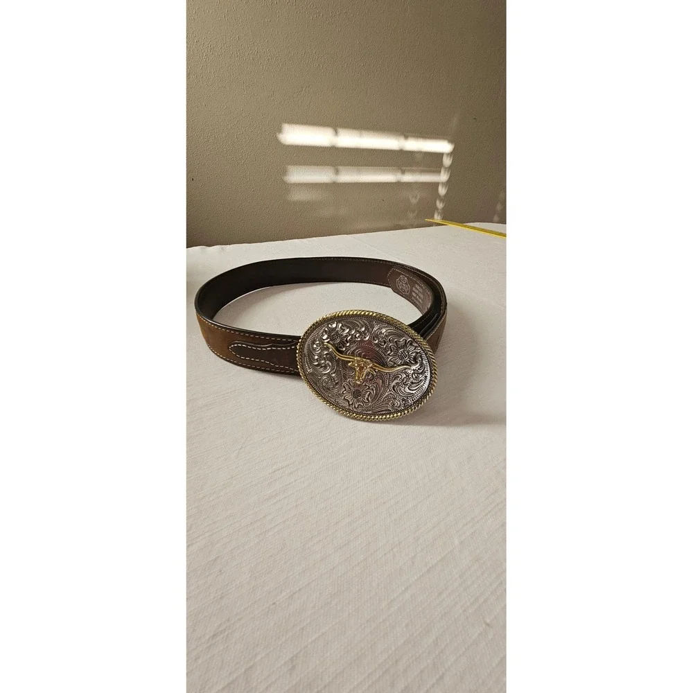 Cavenders M&F Western Brown Leather Belt Silver Gold Longhorn Trophy Buckle 28